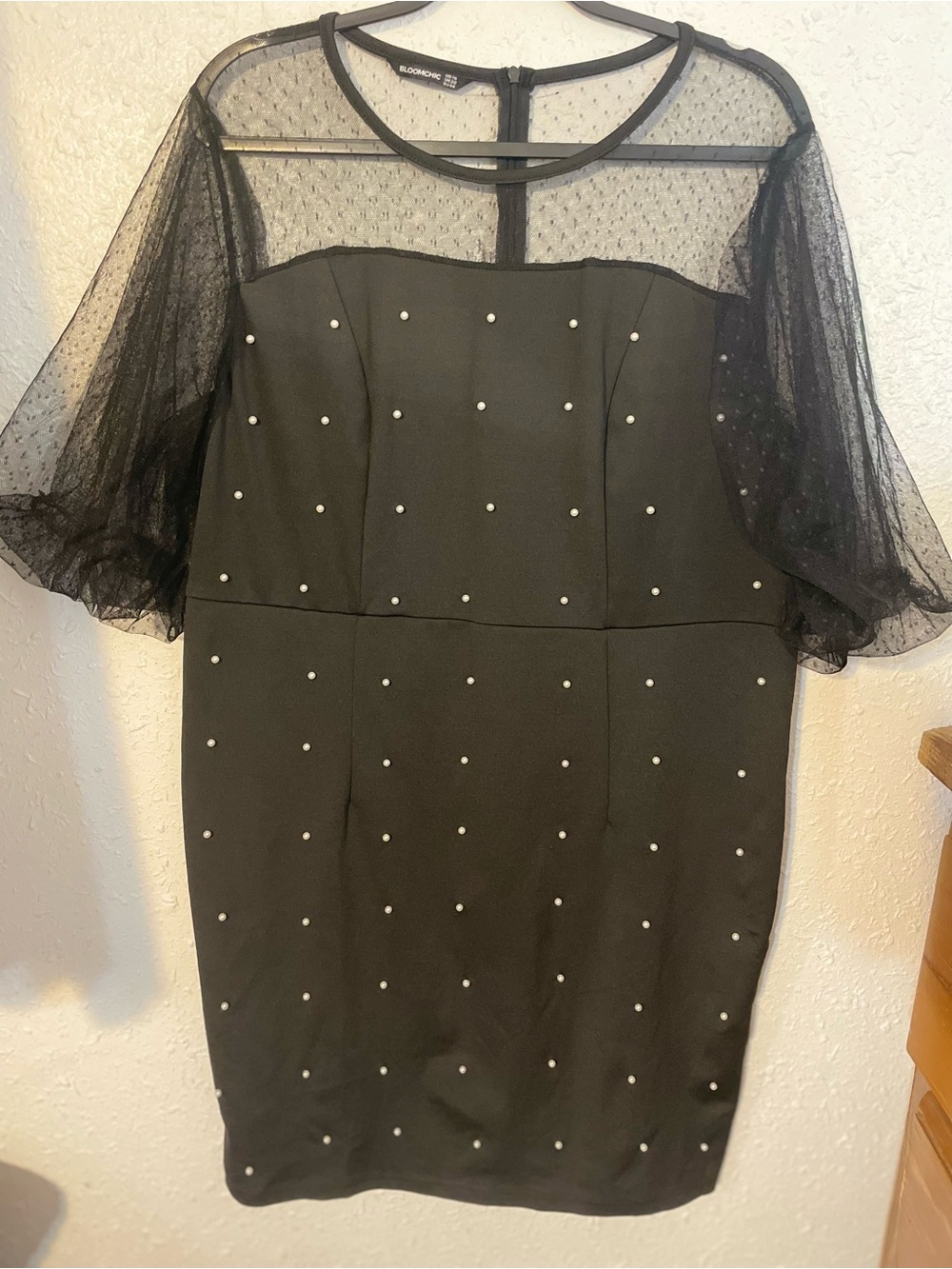 BloomChic Black Midi Dress with Pearl Dot Accents